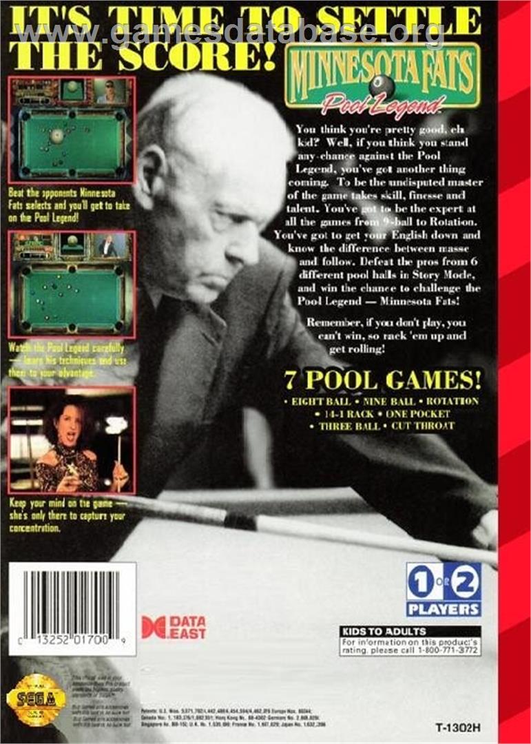 Minnesota Fats - Pool Legend - Sega Genesis - Artwork - Box Back