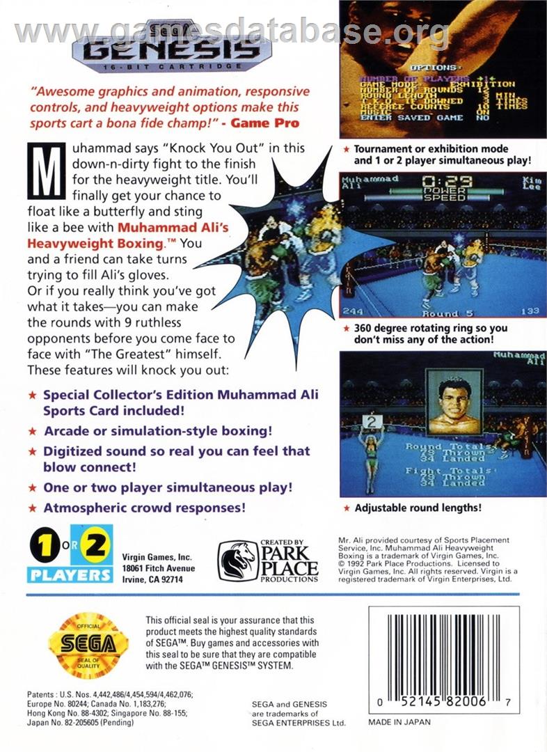 Muhammad Ali Heavyweight Boxing - Sega Genesis - Artwork - Box Back