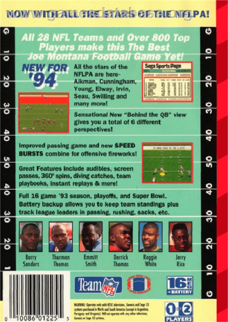 NFL Football '94 Starring Joe Montana - Sega Genesis - Artwork - Box Back