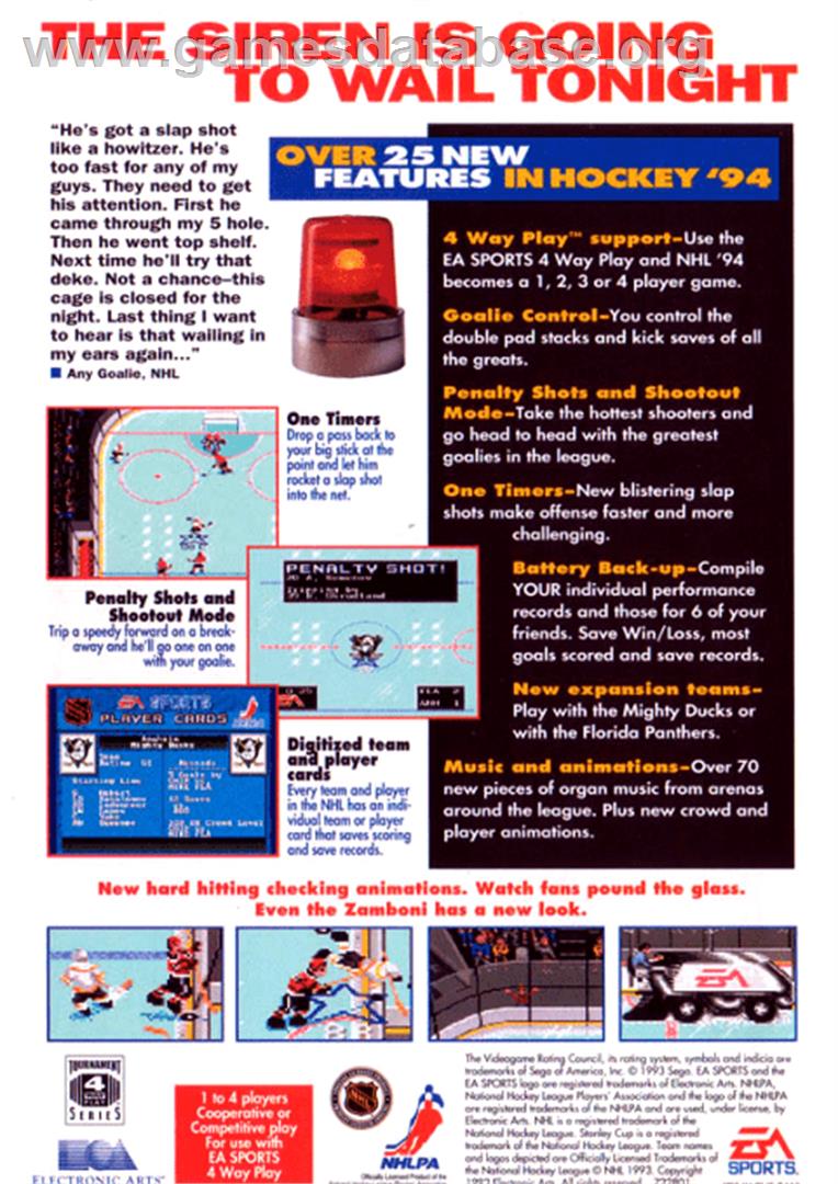 NHL '94 - Sega Genesis - Artwork - Box Back