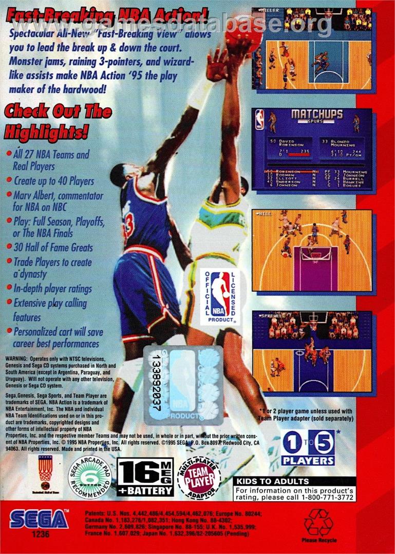 Nba Action '95 Starring David Robinson - Sega Genesis - Artwork - Box Back