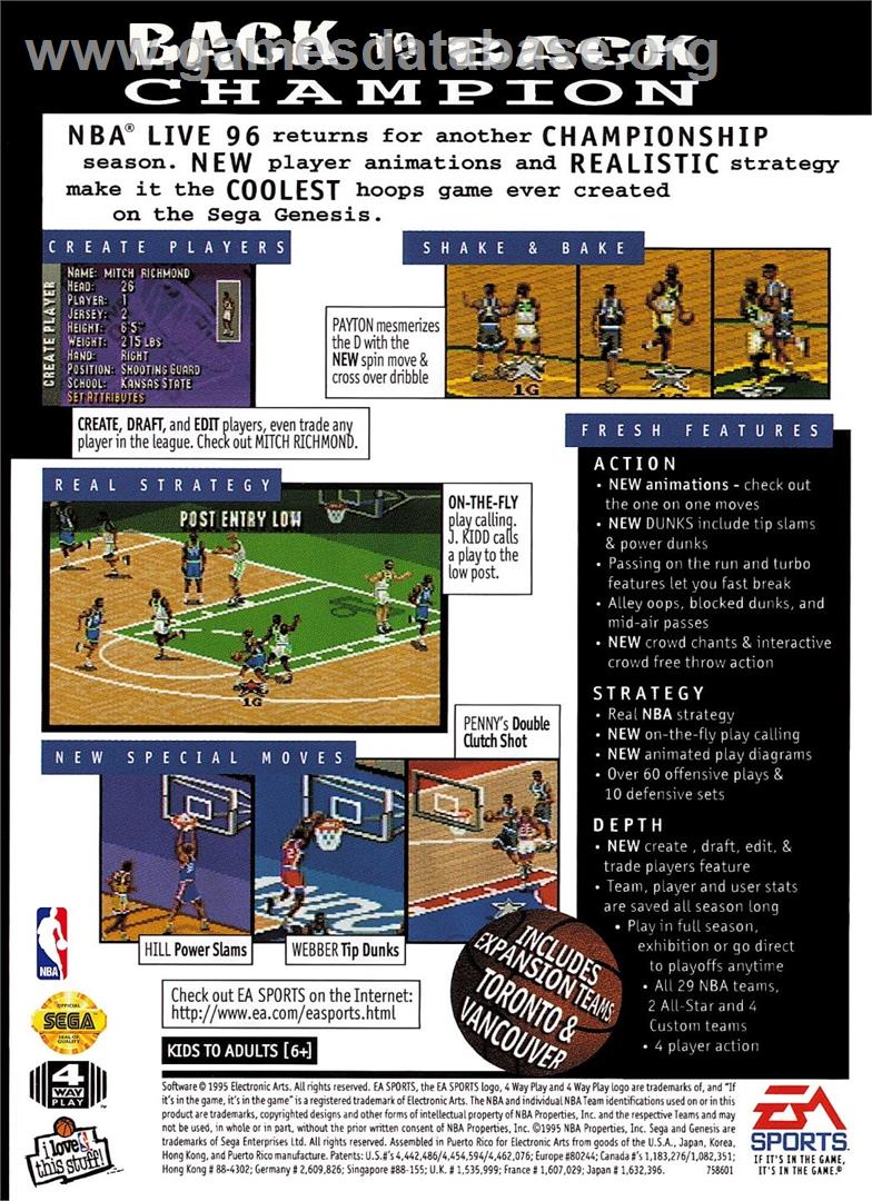 Nba Live 96 - Sega Genesis - Artwork - Box Back