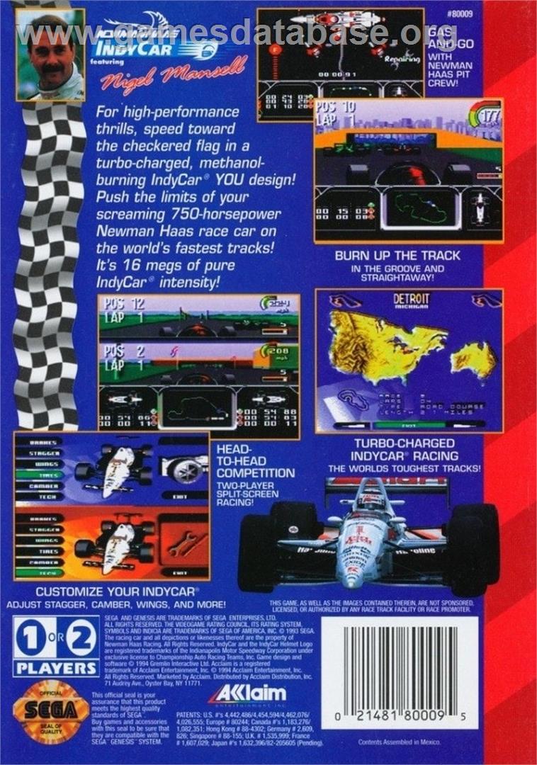 Newman-Haas IndyCar Featuring Nigel Mansell - Sega Genesis - Artwork - Box Back
