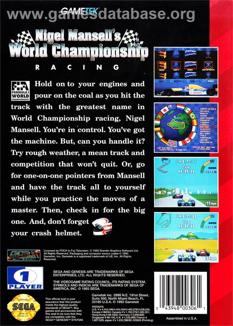 Nigel Mansell's World Championship Racing - Sega Genesis - Artwork - Box Back