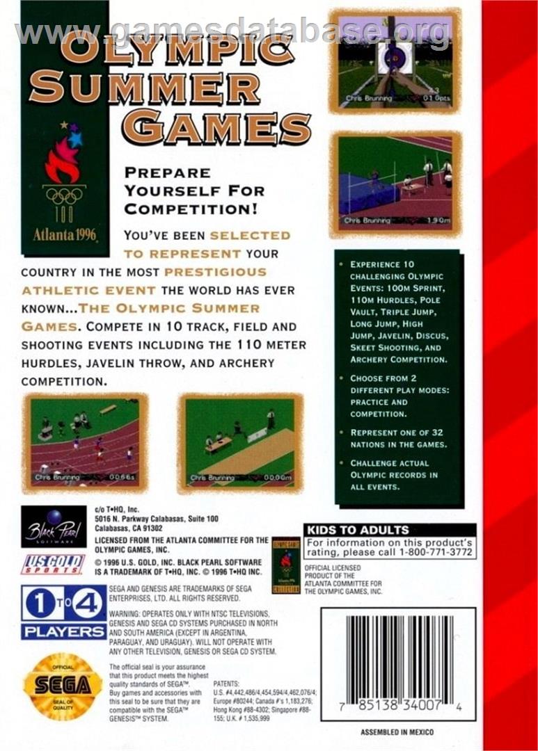 Olympic Summer Games - Sega Genesis - Artwork - Box Back