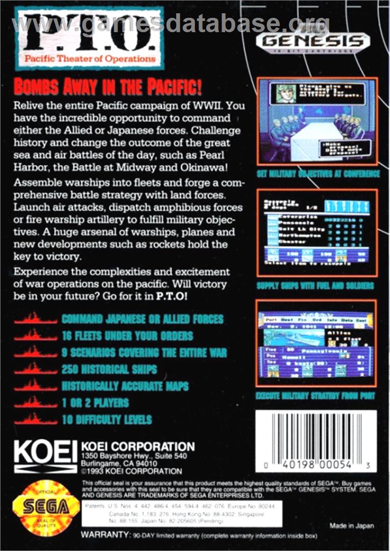 P.T.O.: Pacific Theater of Operations - Sega Genesis - Artwork - Box Back