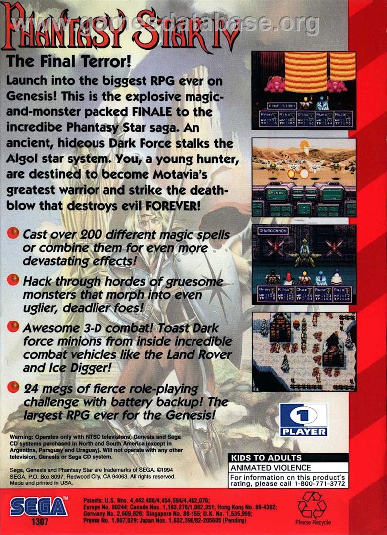 Phantasy Star 4 - The End Of The Millennium - Sega Genesis - Artwork - Box Back