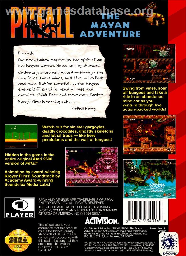 Pitfall - The Mayan Adventure - Sega Genesis - Artwork - Box Back