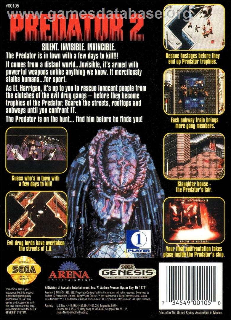 Predator 2 - Sega Genesis - Artwork - Box Back