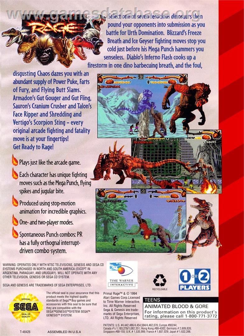 Primal Rage - Sega Genesis - Artwork - Box Back