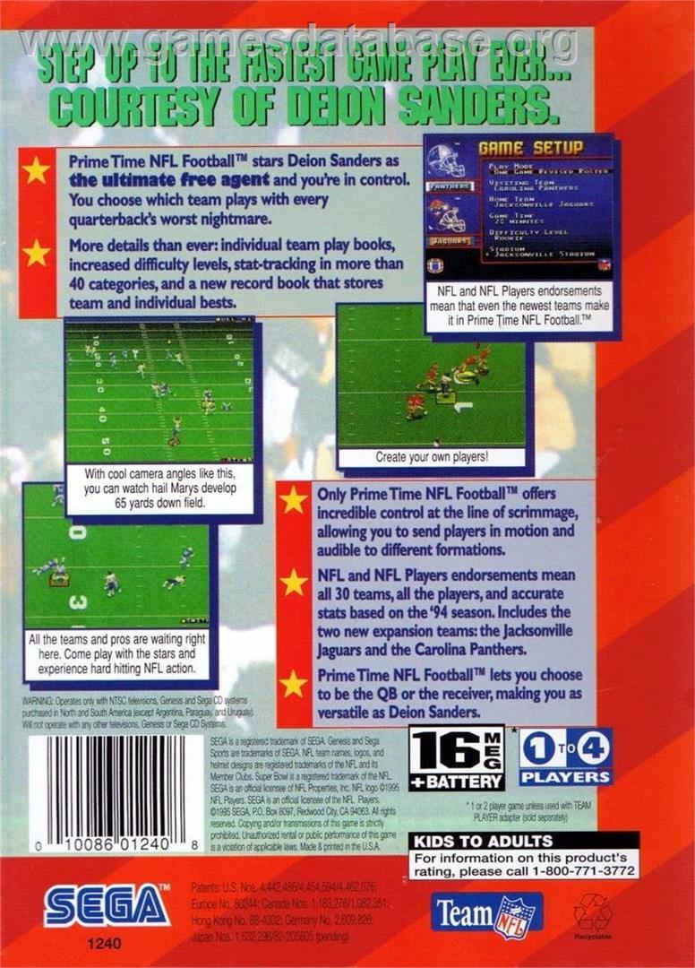 Prime Time Nfl Starring Deion Sanders - Sega Genesis - Artwork - Box Back