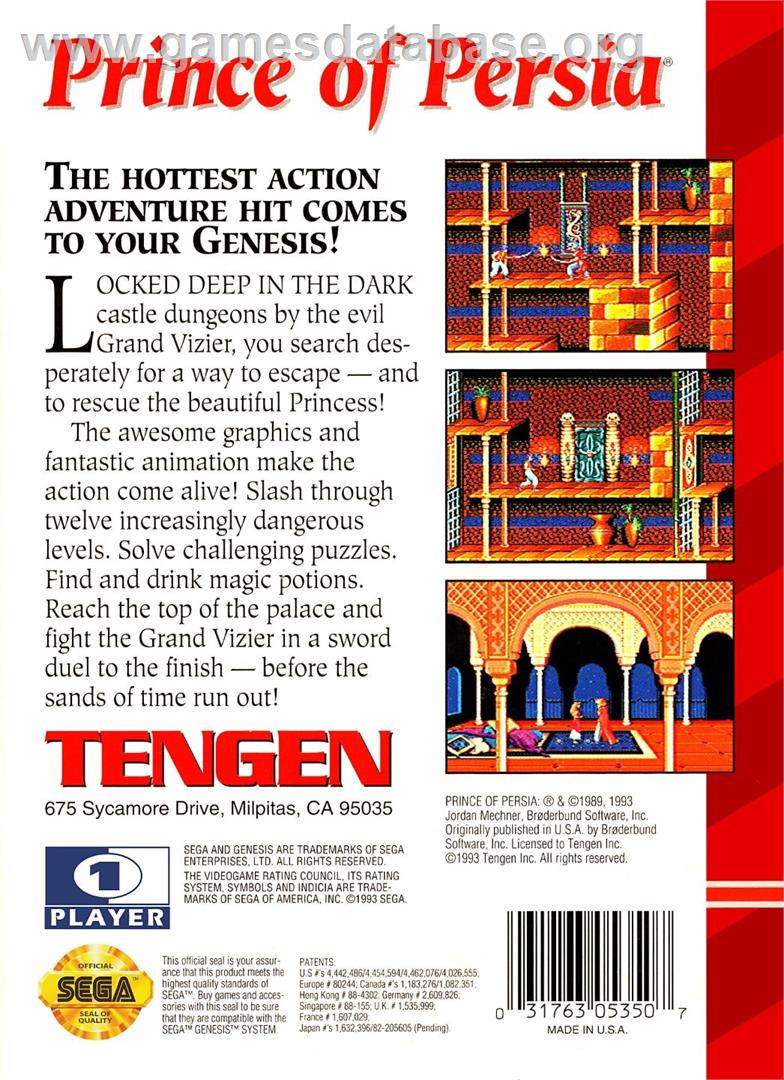 Prince Of Persia - Sega Genesis - Artwork - Box Back