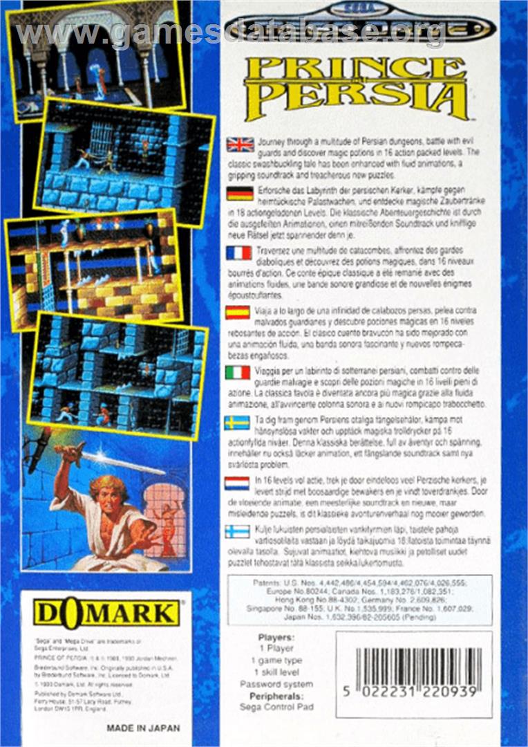 Prince of Persia - Sega Genesis - Artwork - Box Back