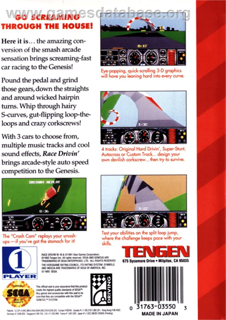 Race Drivin' - Sega Genesis - Artwork - Box Back