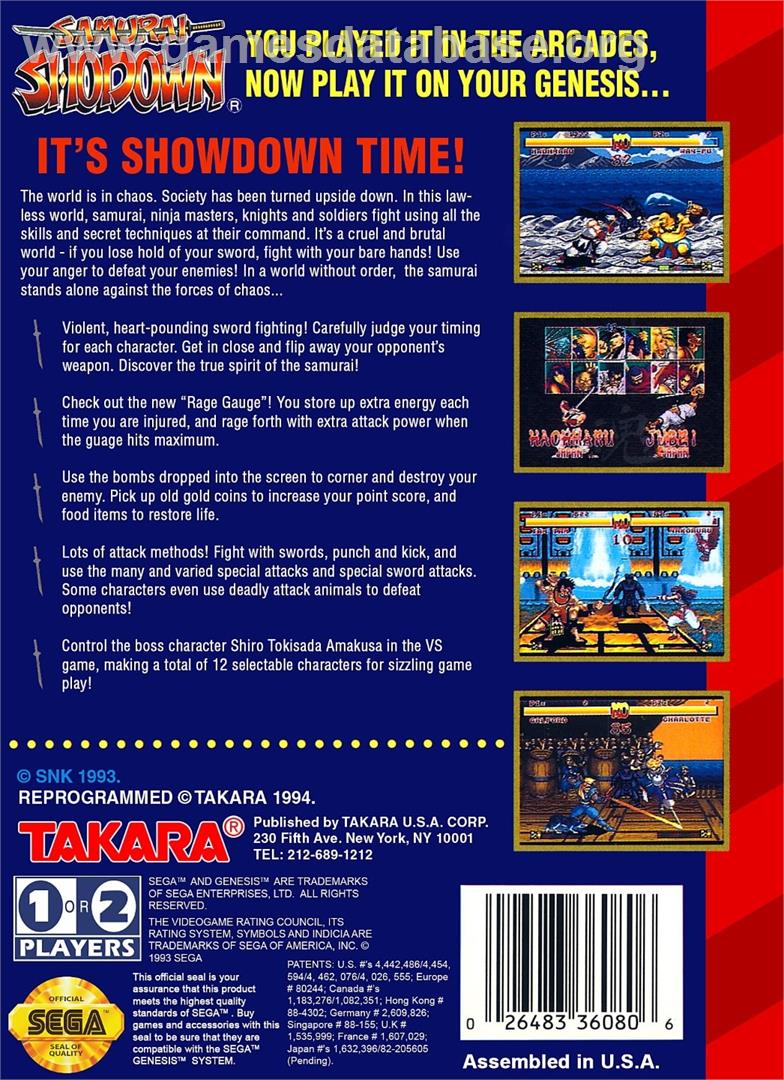 Samurai Shodown - Sega Genesis - Artwork - Box Back