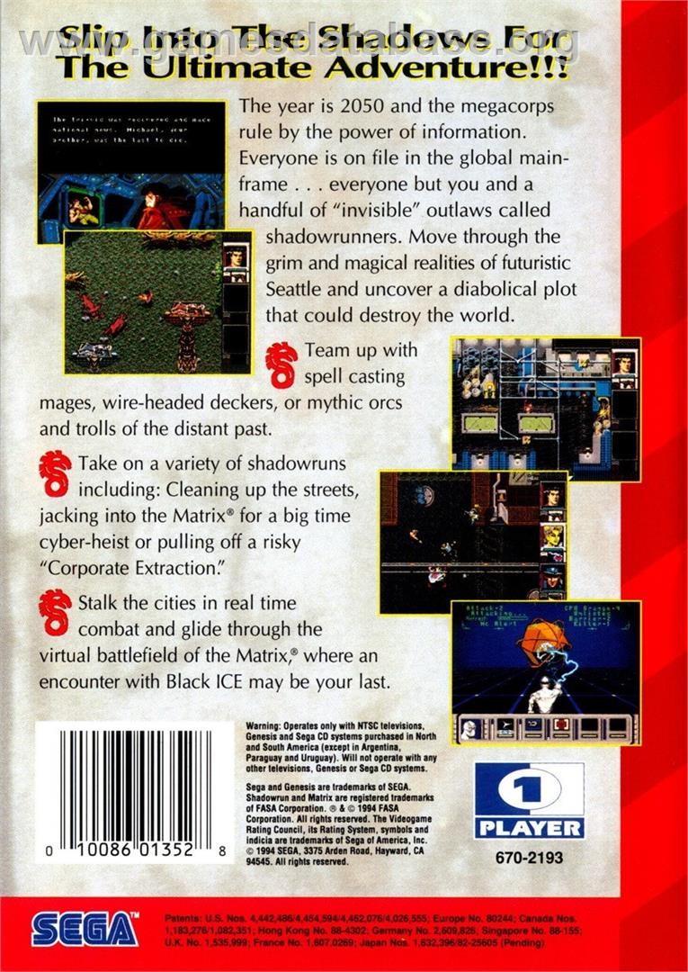 Shadowrun - Sega Genesis - Artwork - Box Back