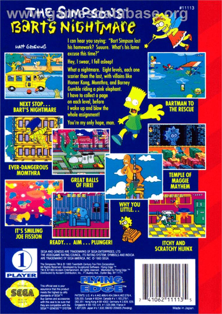 Simpsons, The: Bart's Nightmare - Sega Genesis - Artwork - Box Back