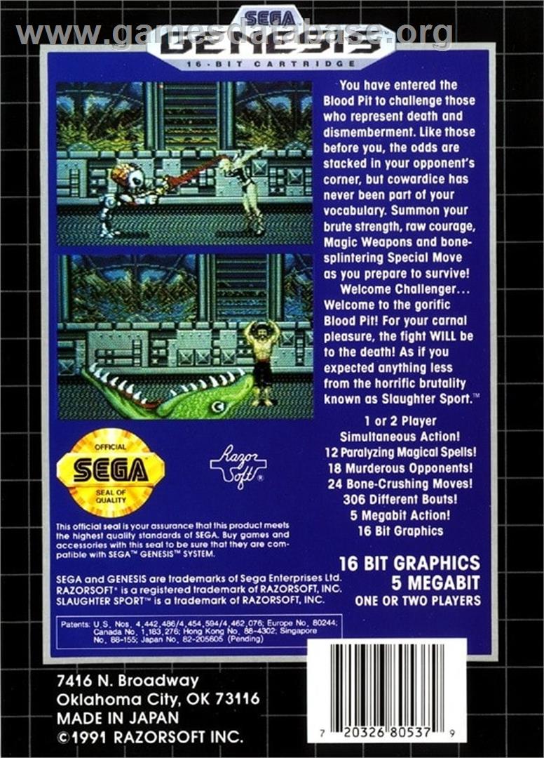 Slaughter Sport - Sega Genesis - Artwork - Box Back