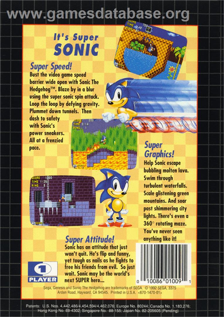 Sonic The Hedgehog - Sega Genesis - Artwork - Box Back
