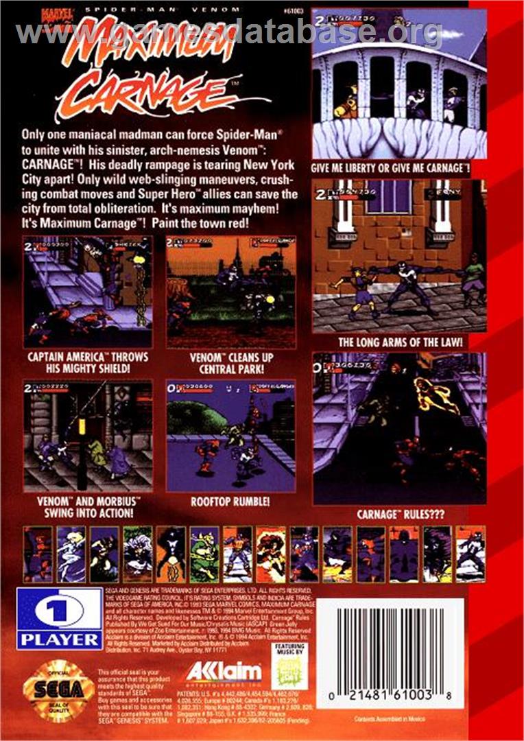 Spider-man And Venom - Maximum Carnage - Sega Genesis - Artwork - Box Back
