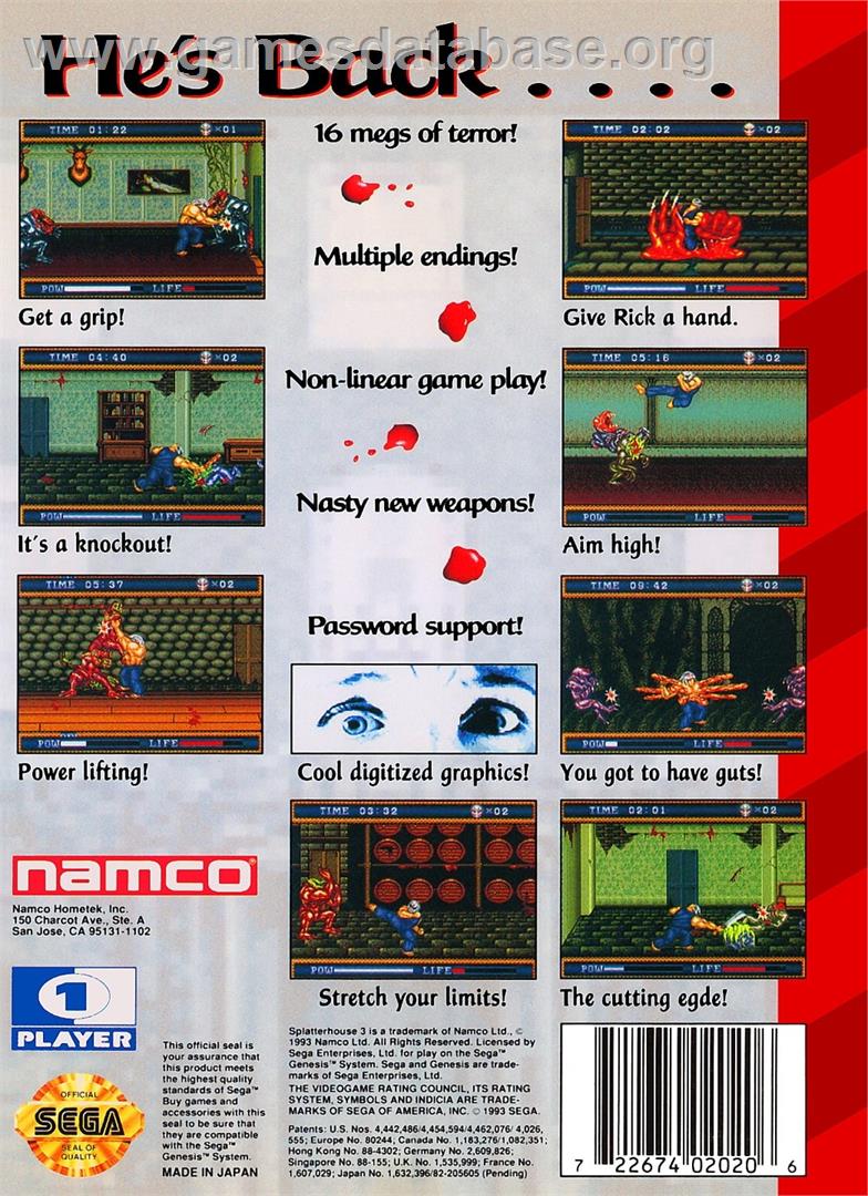 Splatterhouse 3 - Sega Genesis - Artwork - Box Back