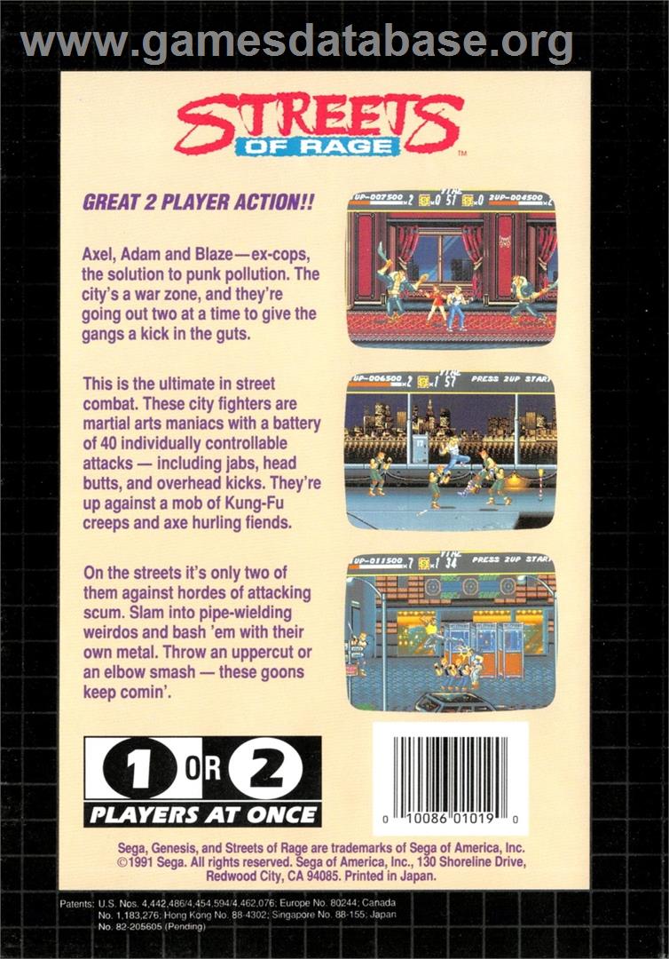 Streets of Rage - Sega Genesis - Artwork - Box Back