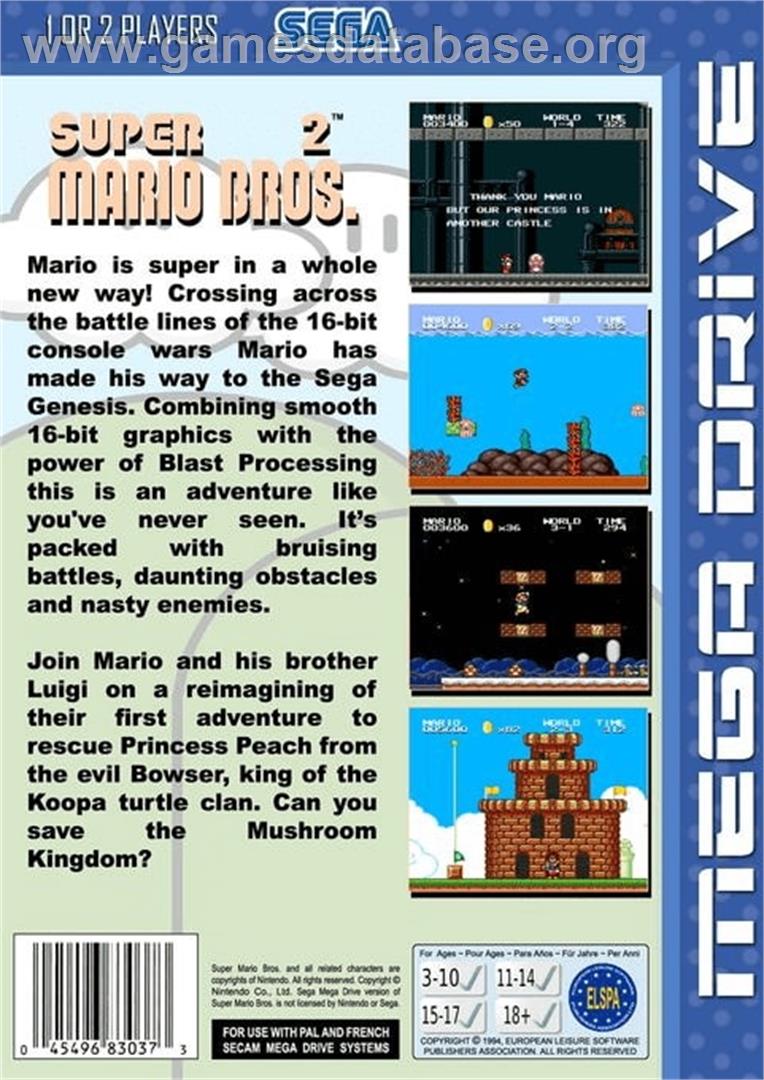 Super Mario Bros. 2 1998 - Sega Genesis - Artwork - Box Back