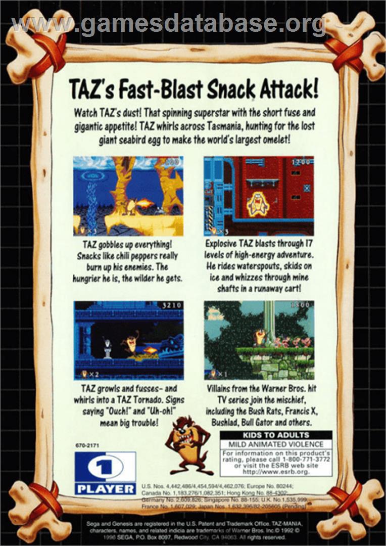 Taz-Mania - Sega Genesis - Artwork - Box Back