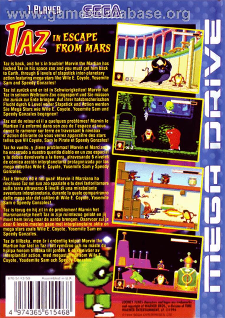 Taz in Escape from Mars - Sega Genesis - Artwork - Box Back