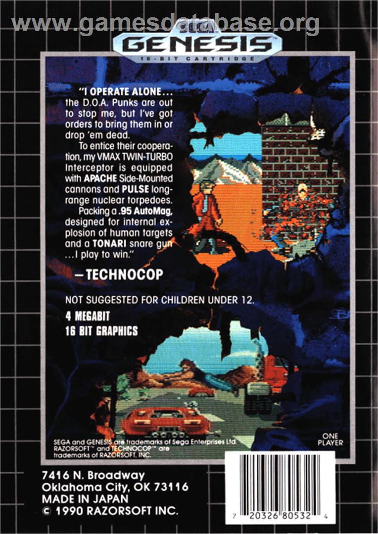 Techno Cop - Sega Genesis - Artwork - Box Back