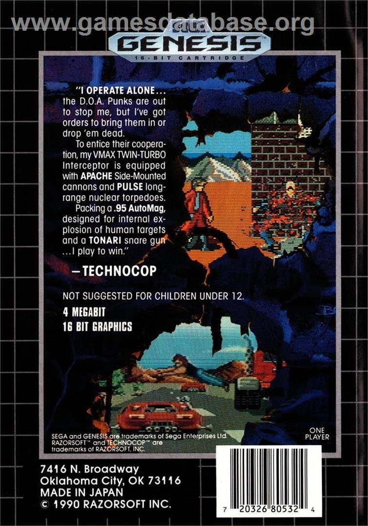 Technocop - Sega Genesis - Artwork - Box Back