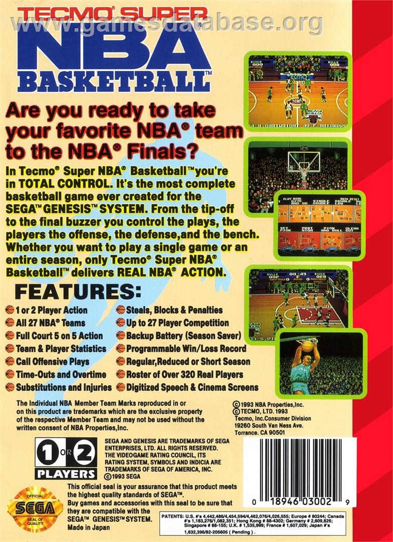 Tecmo Super Nba Basketball - Sega Genesis - Artwork - Box Back