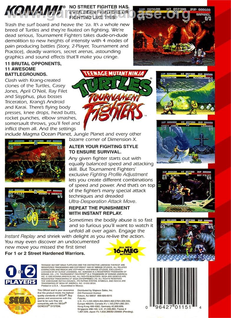 Teenage Mutant Ninja Turtles - Tournament Fighters - Sega Genesis - Artwork - Box Back