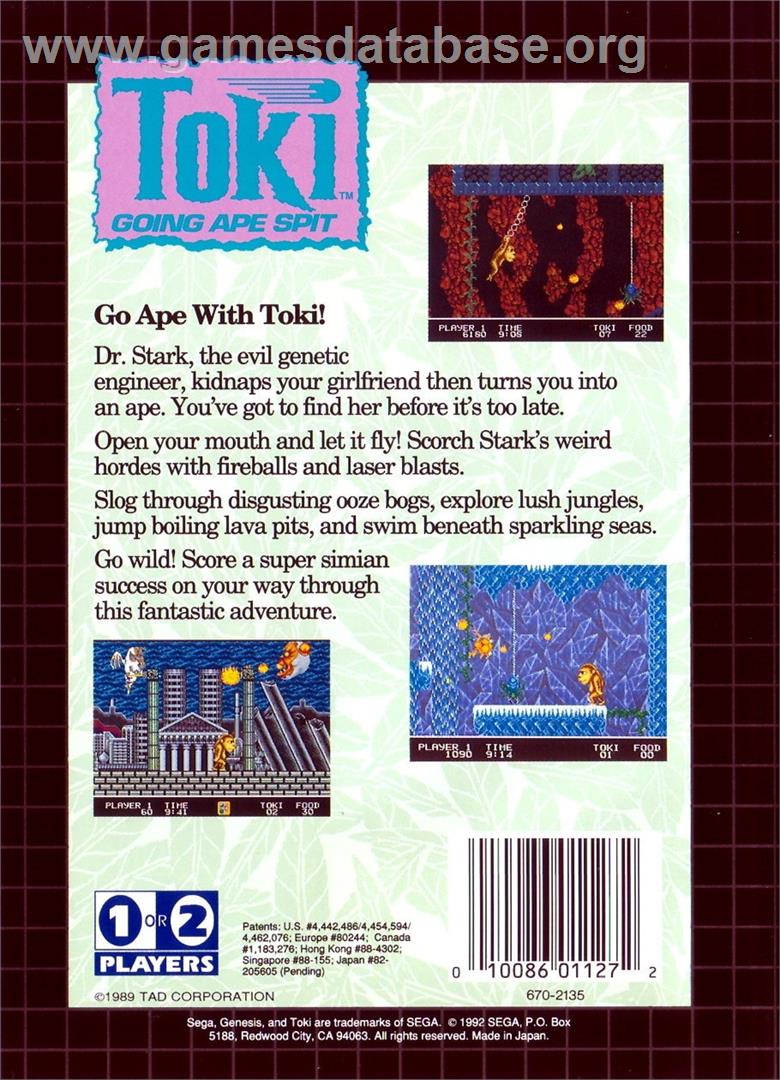 Toki - Sega Genesis - Artwork - Box Back