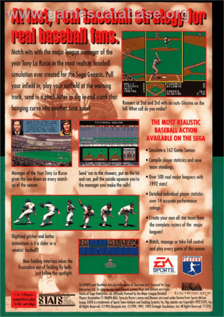 Tony La Russa Baseball - Sega Genesis - Artwork - Box Back