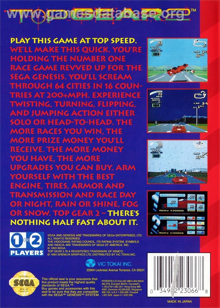 Top Gear 2 - Sega Genesis - Artwork - Box Back
