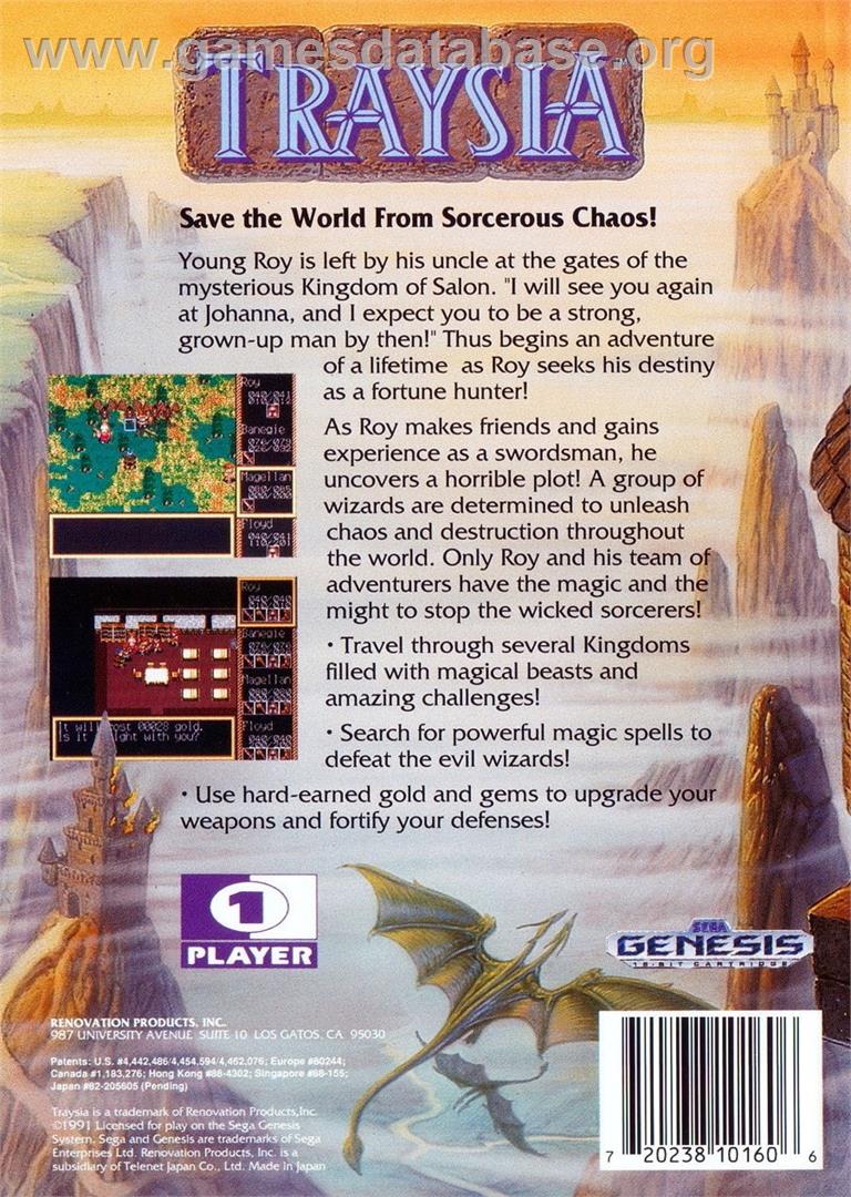 Traysia - Sega Genesis - Artwork - Box Back