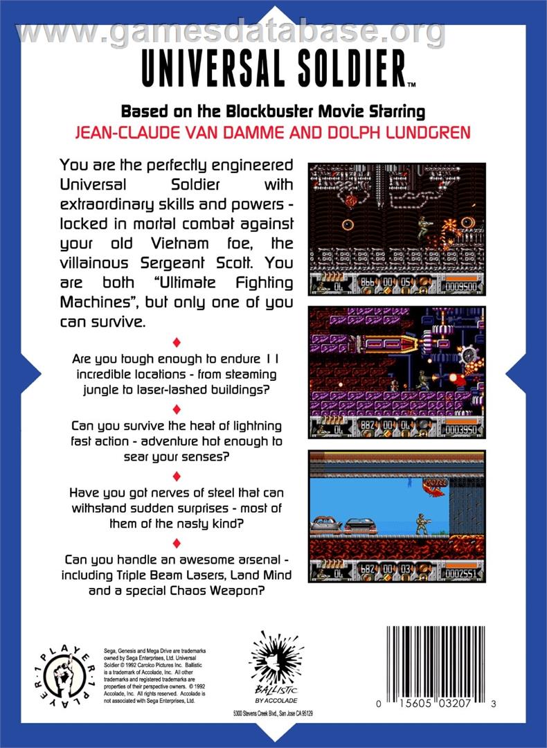Universal Soldier - Sega Genesis - Artwork - Box Back