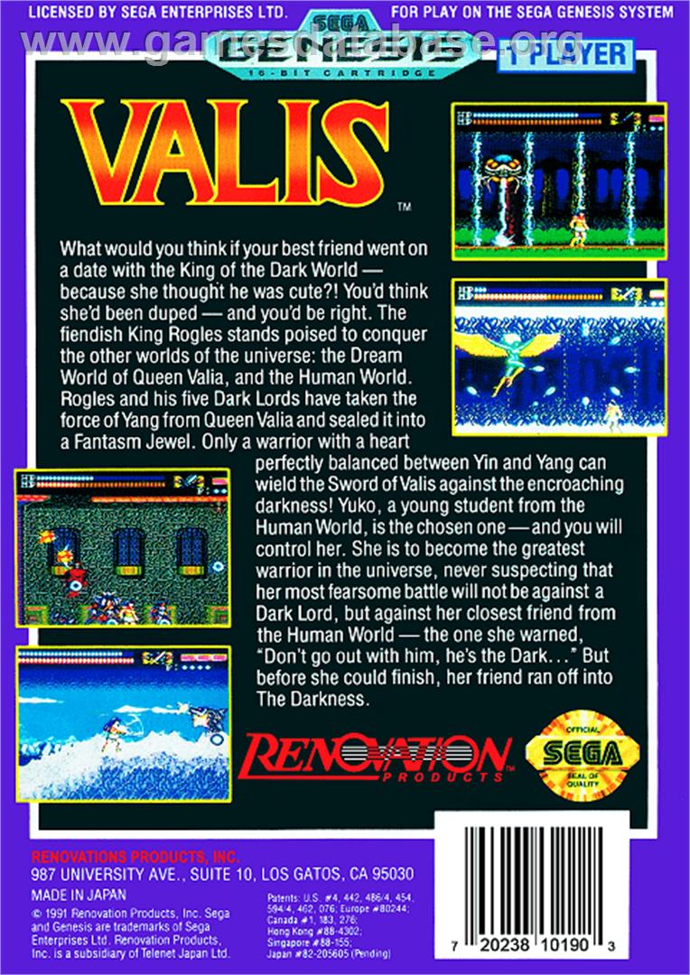 Valis: The Fantasm Soldier - Sega Genesis - Artwork - Box Back