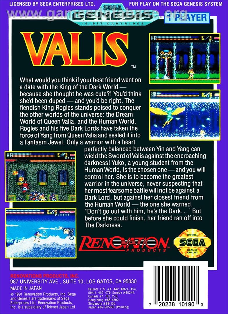 Valis - The Fantasm Soldier - Sega Genesis - Artwork - Box Back