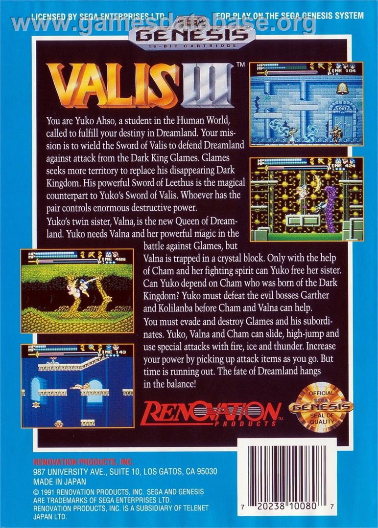 Valis 3 - Sega Genesis - Artwork - Box Back