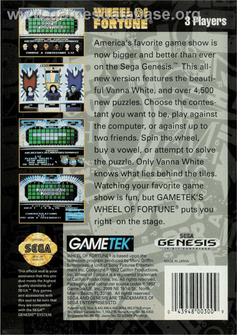 Wheel Of Fortune - Sega Genesis - Artwork - Box Back