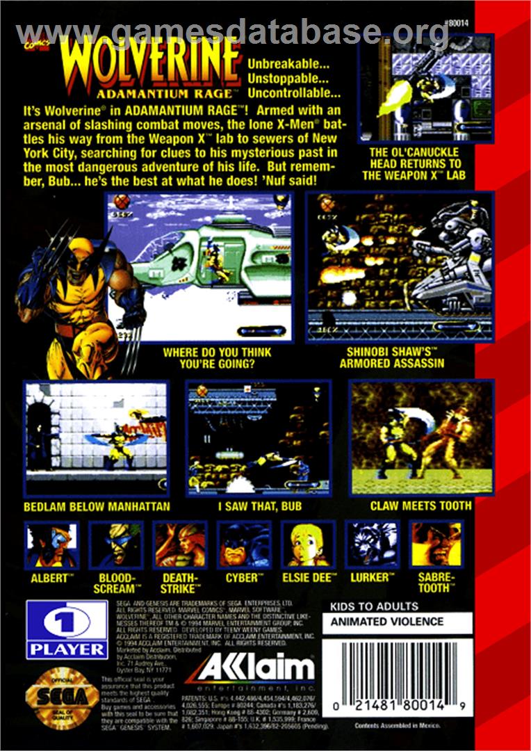Wolverine: Adamantium Rage - Sega Genesis - Artwork - Box Back