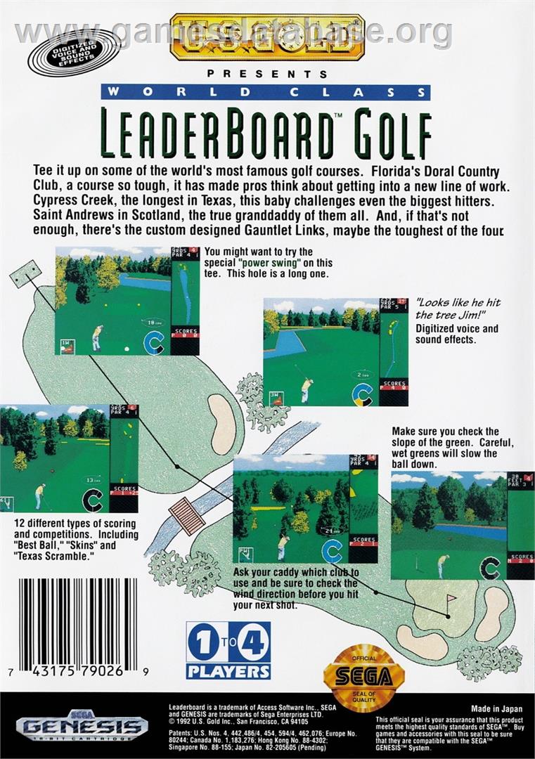 World Class Leader Board - Sega Genesis - Artwork - Box Back