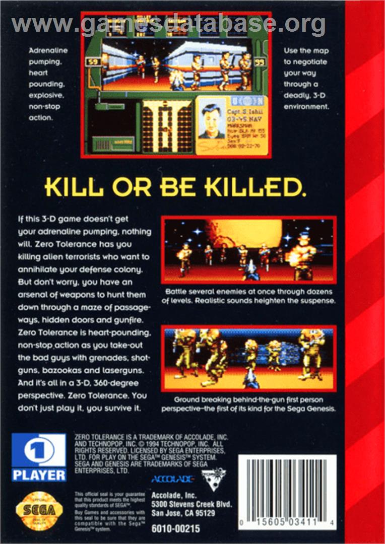 Zero Tolerance - Sega Genesis - Artwork - Box Back