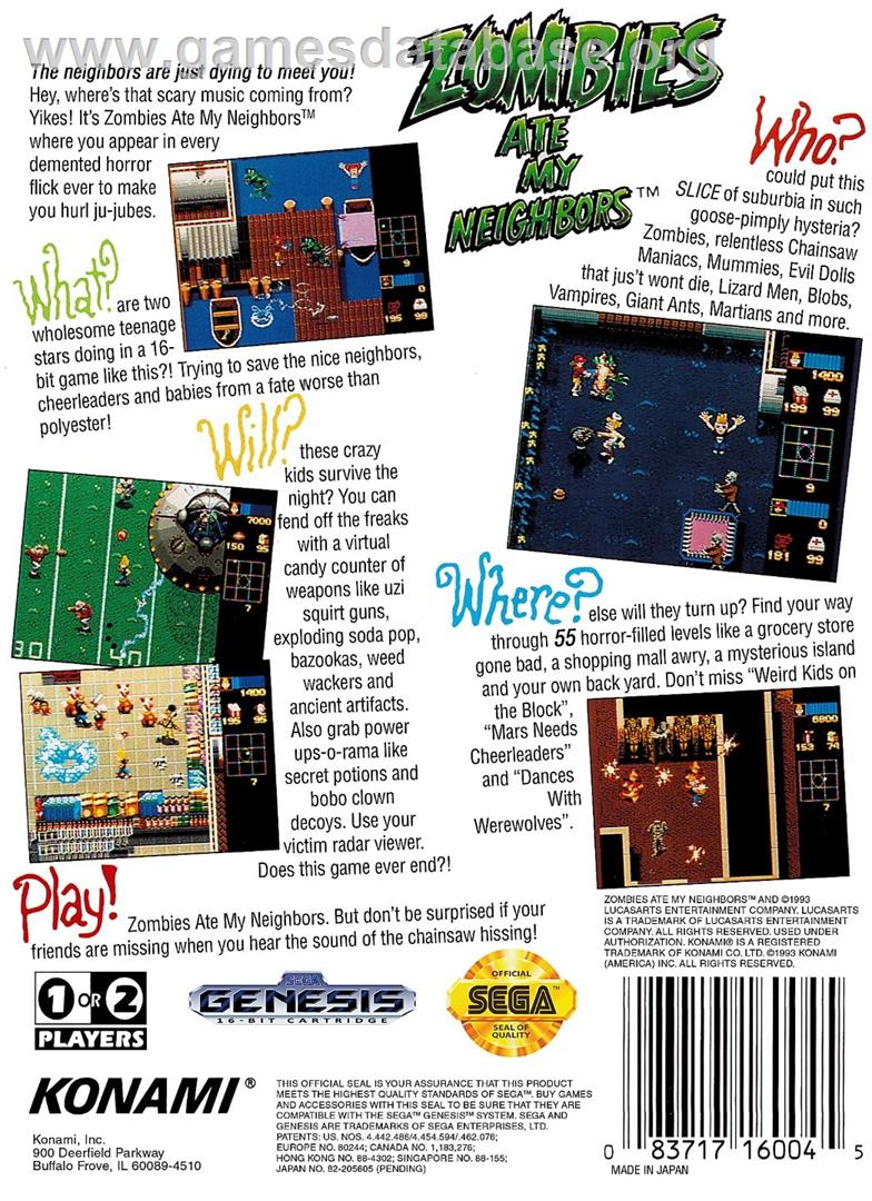 Zombies Ate My Neighbors - Sega Genesis - Artwork - Box Back