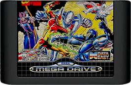 Cartridge artwork for Captain America and The Avengers on the Sega Genesis.