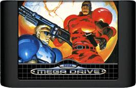 Cartridge artwork for Forgotten Worlds on the Sega Genesis.