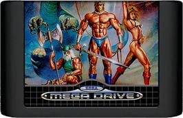 Cartridge artwork for Golden Axe on the Sega Genesis.