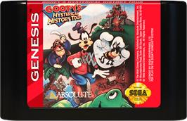 Cartridge artwork for Goofy's Hysterical History Tour on the Sega Genesis.